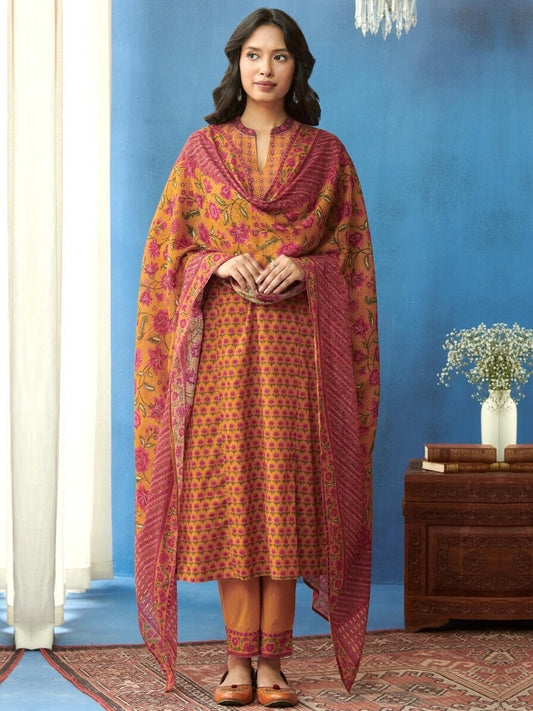 FlexFeb Cotton Dark Yellow 3-Piece Suit Set with Floral Elegance