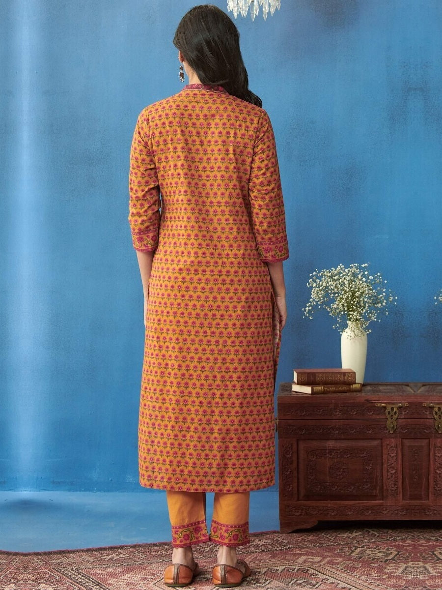 FlexFeb Cotton Dark Yellow 3-Piece Suit Set with Floral Elegance