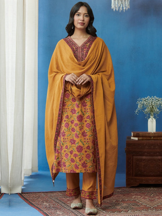 FlexFeb Cotton Dark Orange 3-Piece Suit Set with Vibrant Floral Prints and Elegant Detailing