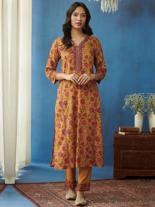FlexFeb Cotton Dark Orange 3-Piece Suit Set with Vibrant Floral Prints and Elegant Detailing