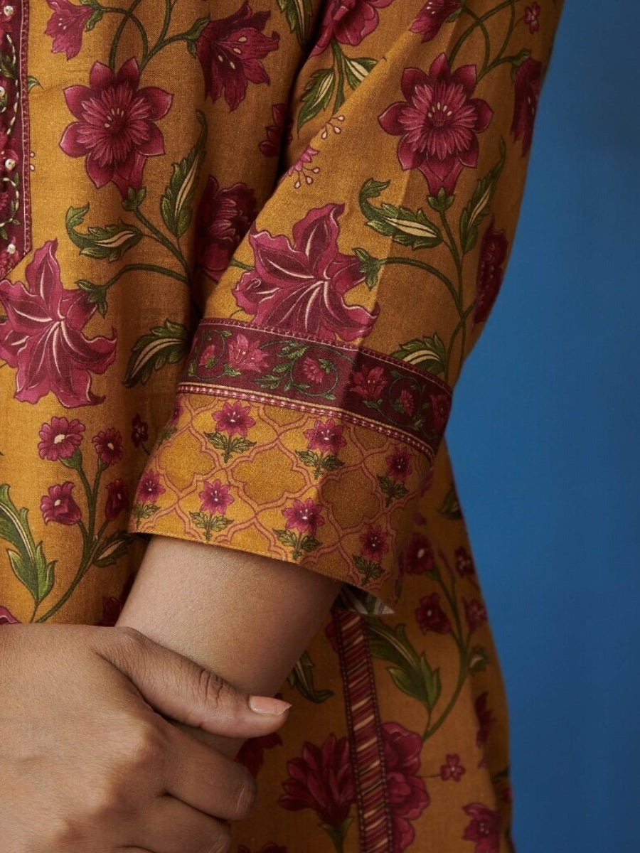 FlexFeb Cotton Dark Orange 3-Piece Suit Set with Vibrant Floral Prints and Elegant Detailing
