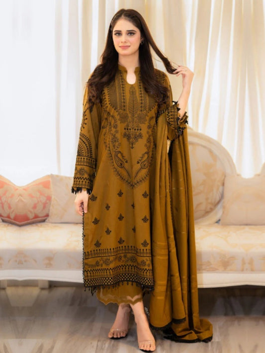 FlexFeb Muslin Dark Yellow 3-Piece Suit Set with Exquisite Embroidery and Sophisticated Design