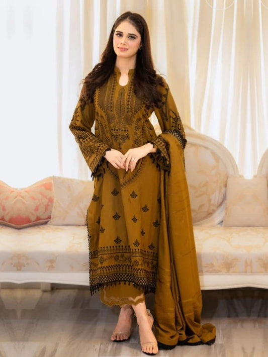 FlexFeb Muslin Dark Yellow 3-Piece Suit Set with Exquisite Embroidery and Sophisticated Design