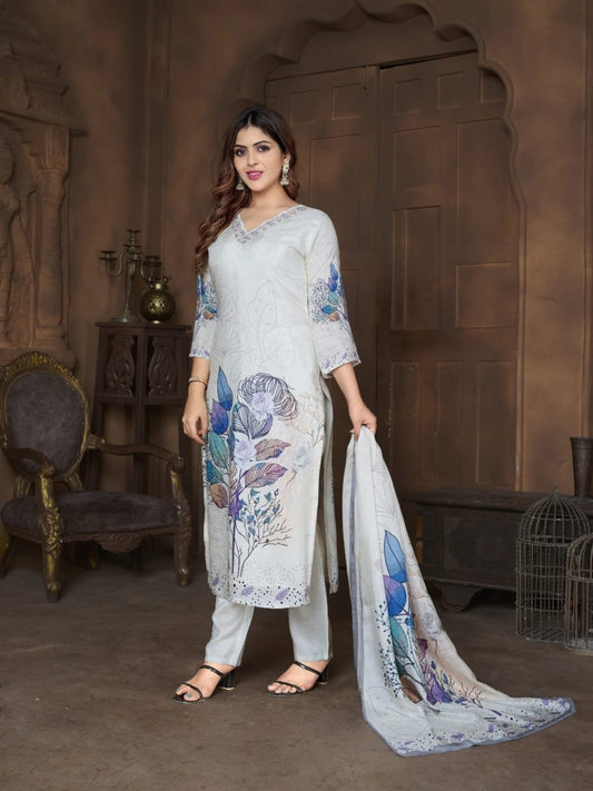 FlexFeb Chinon White 3-Piece Suit Set with Blue Floral Prints for a Graceful and Timeless Look