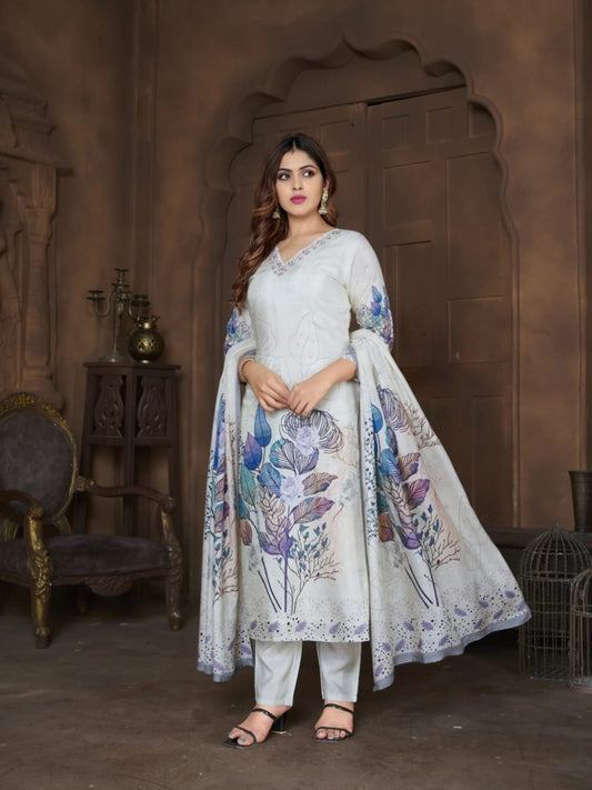 FlexFeb Chinon White 3-Piece Suit Set with Blue Floral Prints for a Graceful and Timeless Look