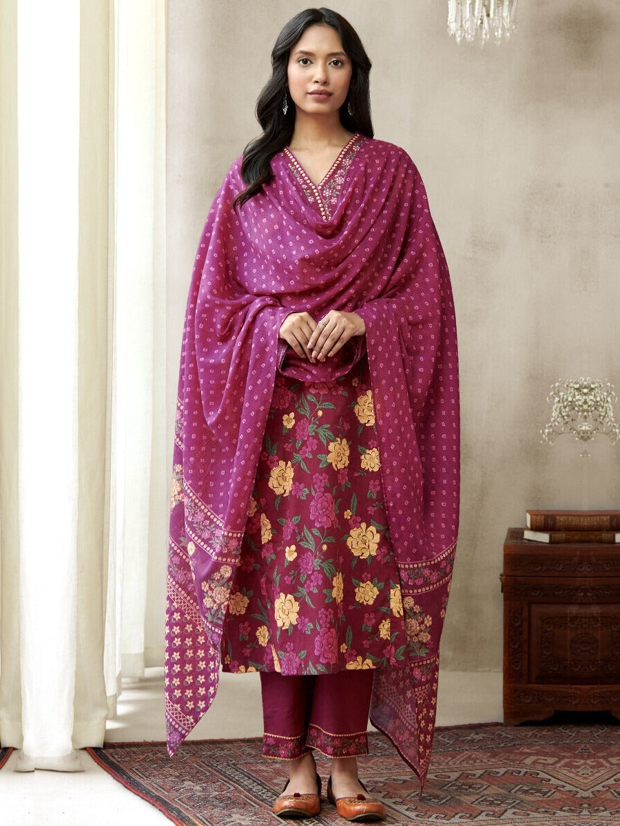 FlexFeb Dark Pink 3-Piece Cotton Suit Set for Women Floral Print Kurta with Embroidered Neckline & Bandhej Dupatta  Comfortable Daily & Festive Wear