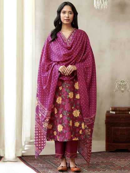 FlexFeb Dark Pink 3-Piece Cotton Suit Set for Women Floral Print Kurta with Embroidered Neckline & Bandhej Dupatta  Comfortable Daily & Festive Wear