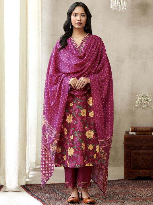 FlexFeb Dark Pink 3-Piece Cotton Suit Set for Women Floral Print Kurta with Embroidered Neckline & Bandhej Dupatta  Comfortable Daily & Festive Wear