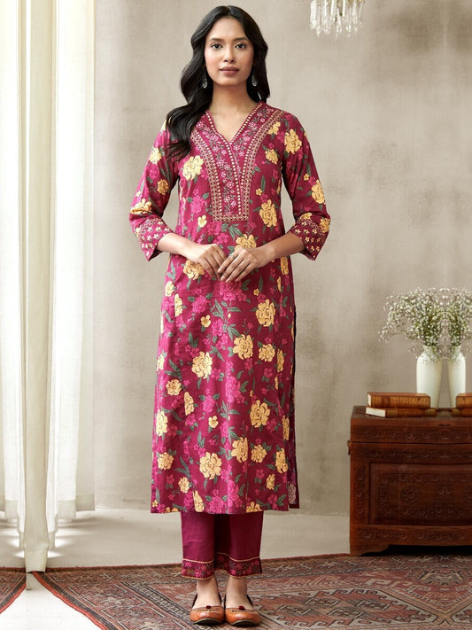FlexFeb Dark Pink 3-Piece Cotton Suit Set for Women Floral Print Kurta with Embroidered Neckline & Bandhej Dupatta  Comfortable Daily & Festive Wear