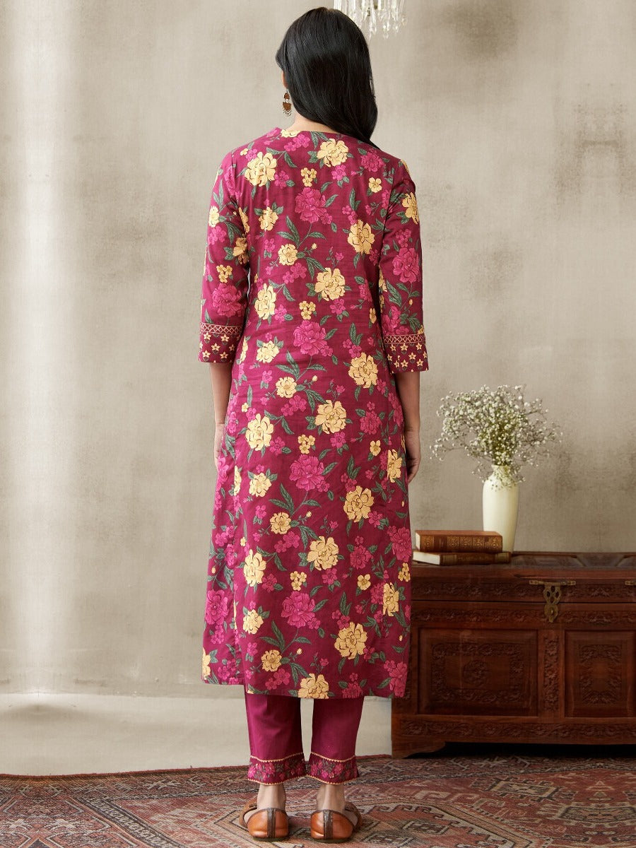 FlexFeb Dark Pink 3-Piece Cotton Suit Set for Women Floral Print Kurta with Embroidered Neckline & Bandhej Dupatta  Comfortable Daily & Festive Wear