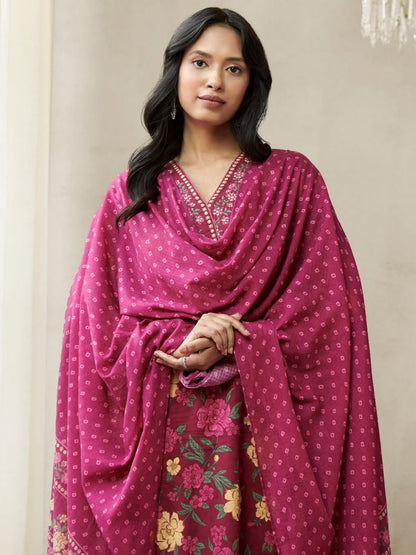 FlexFeb Dark Pink 3-Piece Cotton Suit Set for Women Floral Print Kurta with Embroidered Neckline & Bandhej Dupatta  Comfortable Daily & Festive Wear