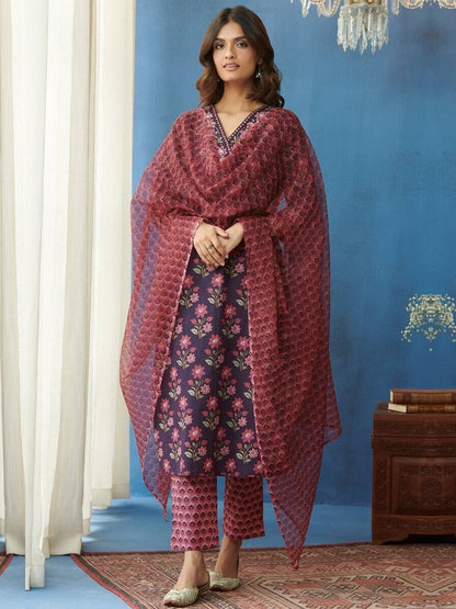 FlexFeb Pink & Blue 3 Piece Cotton Suit Set for Women Floral Printed Kurta with Matching Pant & Net Dupatta  Elegant Ethnic Wear for Daily & Festive Use