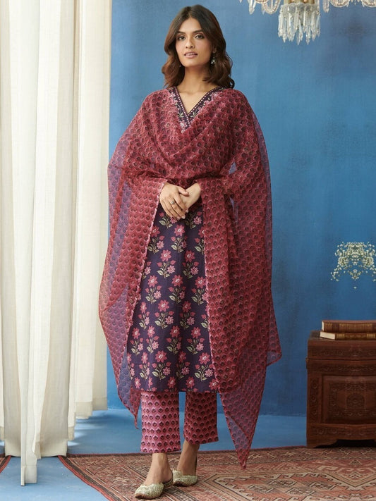 FlexFeb Pink & Blue 3 Piece Cotton Suit Set for Women Floral Printed Kurta with Matching Pant & Net Dupatta  Elegant Ethnic Wear for Daily & Festive Use