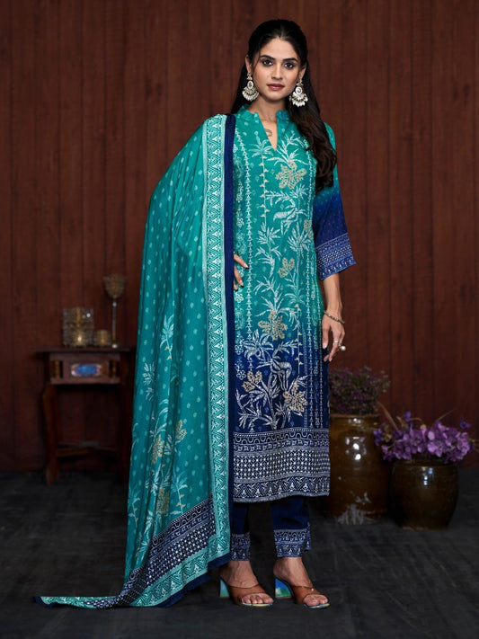 FlexFeb Elegant Dark & Light Blue 3-Piece Chinon Suit Set for Women Embroidered Kurta with Printed Pants & Dupatta – Festive & Occasion Wear Ethnic Set