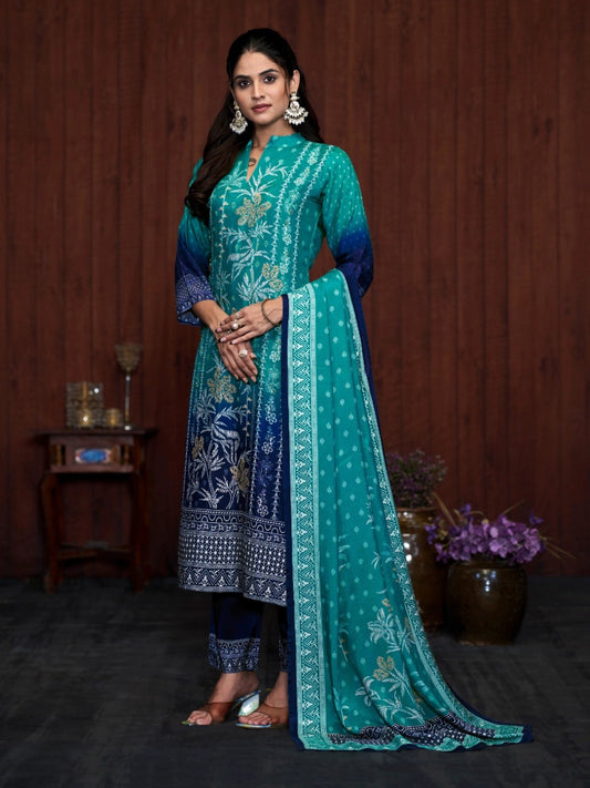 FlexFeb Elegant Dark & Light Blue 3-Piece Chinon Suit Set for Women Embroidered Kurta with Printed Pants & Dupatta – Festive & Occasion Wear Ethnic Set