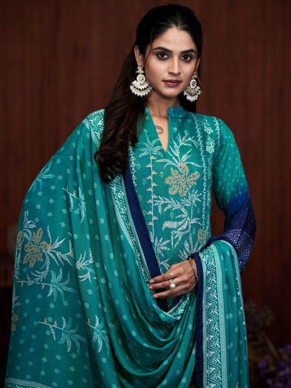FlexFeb Elegant Dark & Light Blue 3-Piece Chinon Suit Set for Women Embroidered Kurta with Printed Pants & Dupatta – Festive & Occasion Wear Ethnic Set