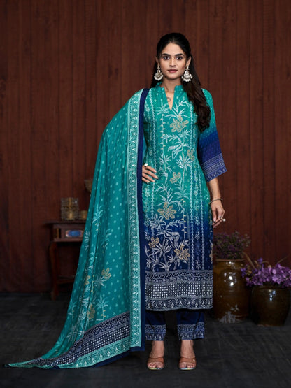 FlexFeb Elegant Dark & Light Blue 3-Piece Chinon Suit Set for Women Embroidered Kurta with Printed Pants & Dupatta – Festive & Occasion Wear Ethnic Set