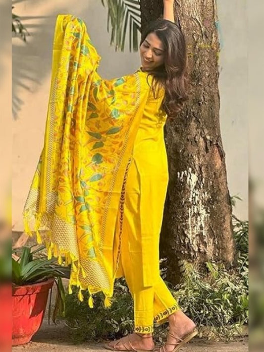 FlexFeb Radiant Pure Yellow Viscose Rayon 3-Piece Suit Set for Women Embroidered Kurta with Printed Dupatta & Bottom Lightweight Ethnic Wear for Day Functions
