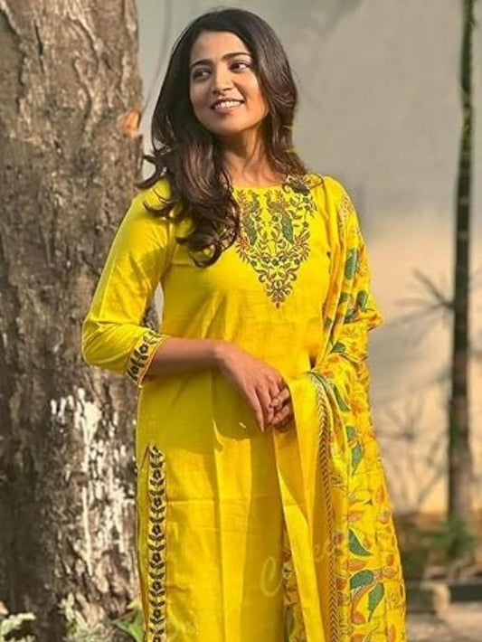 FlexFeb Radiant Pure Yellow Viscose Rayon 3-Piece Suit Set for Women Embroidered Kurta with Printed Dupatta & Bottom Lightweight Ethnic Wear for Day Functions