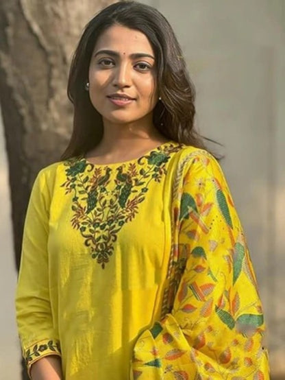 FlexFeb Radiant Pure Yellow Viscose Rayon 3-Piece Suit Set for Women Embroidered Kurta with Printed Dupatta & Bottom Lightweight Ethnic Wear for Day Functions