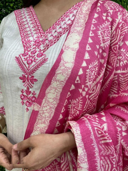 FlexFeb Elegant Vertigan Rayon White & Pink 3-Piece Suit Set for Women Embroidered Kurta with Printed Dupatta & Pants Stylish Ethnic Wear