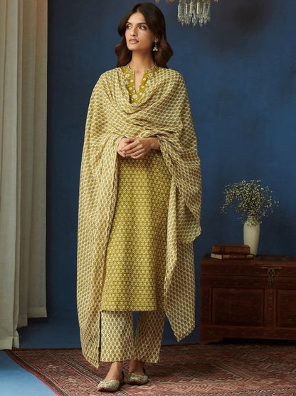 FlexFeb Light Yellow Cotton 3-Piece Suit Set for Women Elegant Printed Kurta with Matching Pants and Dupatta  Soft, Breathable Daily & Festive Wear