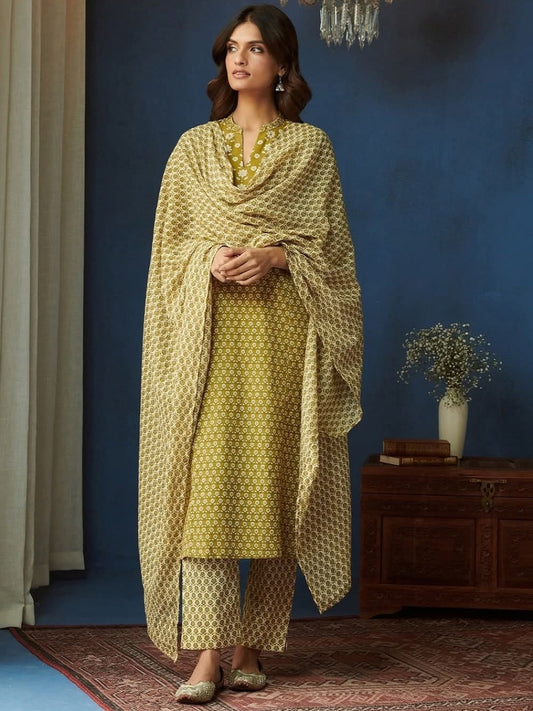 FlexFeb Light Yellow Cotton 3-Piece Suit Set for Women Elegant Printed Kurta with Matching Pants and Dupatta  Soft, Breathable Daily & Festive Wear