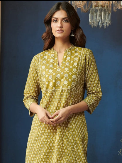 FlexFeb Light Yellow Cotton 3-Piece Suit Set for Women Elegant Printed Kurta with Matching Pants and Dupatta  Soft, Breathable Daily & Festive Wear