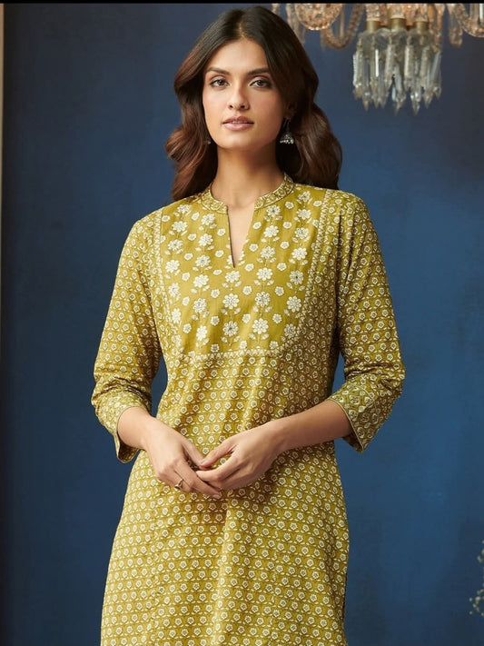 FlexFeb Light Yellow Cotton 3-Piece Suit Set for Women Elegant Printed Kurta with Matching Pants and Dupatta  Soft, Breathable Daily & Festive Wear