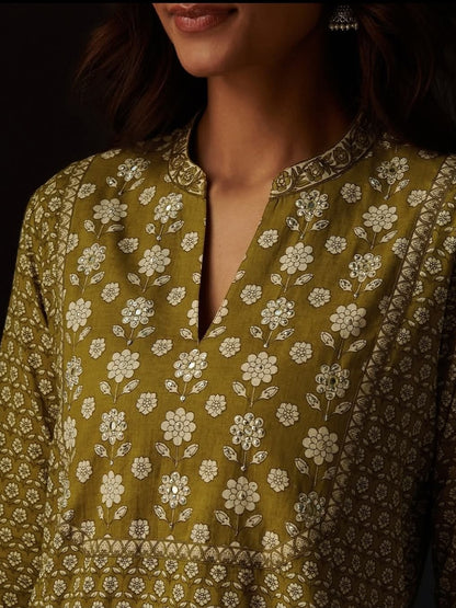 FlexFeb Light Yellow Cotton 3-Piece Suit Set for Women Elegant Printed Kurta with Matching Pants and Dupatta  Soft, Breathable Daily & Festive Wear