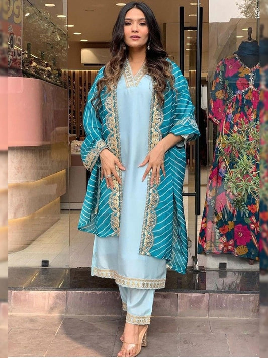 FlexFeb Elegant Sky Blue Cotton Blend 3-Piece Suit Set – Graceful Ethnic Wear with Striped Velvet Dupatta & Embroidered Borders