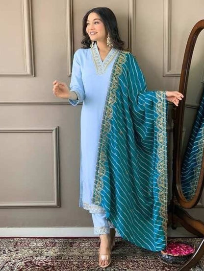 FlexFeb Elegant Sky Blue Cotton Blend 3-Piece Suit Set – Graceful Ethnic Wear with Striped Velvet Dupatta & Embroidered Borders