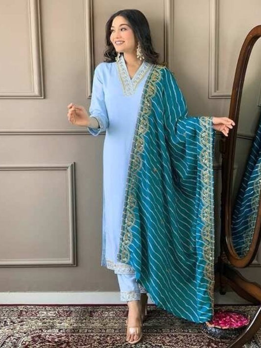 FlexFeb Elegant Sky Blue Cotton Blend 3-Piece Suit Set – Graceful Ethnic Wear with Striped Velvet Dupatta & Embroidered Borders