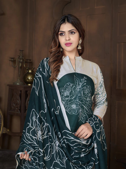 FlexFeb Elegant & Eye-Catching Georgette White and Black 3-Piece Suit Set – Statement Floral Design for Refined Ethnic Charm