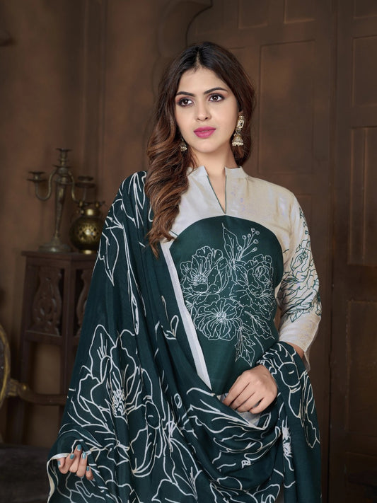 FlexFeb Elegant & Eye-Catching Georgette White and Black 3-Piece Suit Set – Statement Floral Design for Refined Ethnic Charm