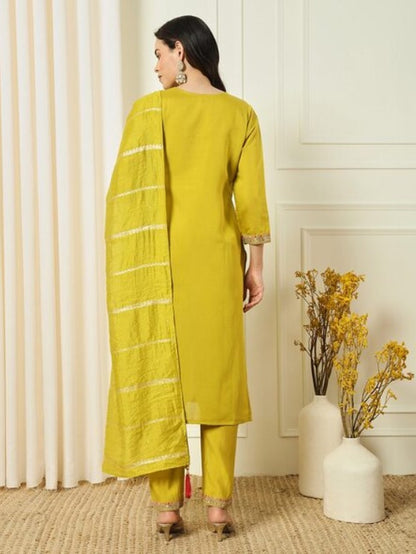 FlexFeb Elegant Jacquard Yellow 3-Piece Suit Set with Silver Line Detailing & Embroidered Neck Design