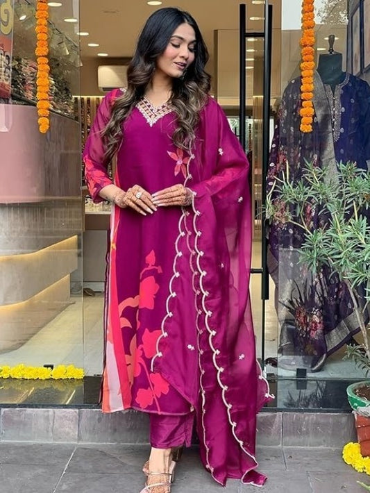 Graceful FlexFeb Begni Kora Muslin 3-Piece Suit Set for Women – Elegant Ethnic Wear with Embroidered Dupatta (Sizes: S to XXL)