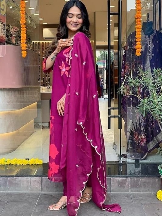 Graceful FlexFeb Begni Kora Muslin 3-Piece Suit Set for Women – Elegant Ethnic Wear with Embroidered Dupatta (Sizes: S to XXL)