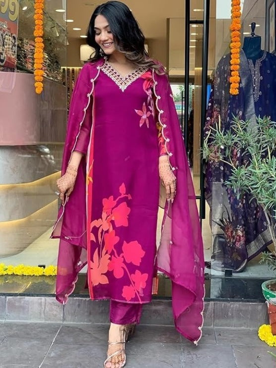 Graceful FlexFeb Begni Kora Muslin 3-Piece Suit Set for Women – Elegant Ethnic Wear with Embroidered Dupatta (Sizes: S to XXL)