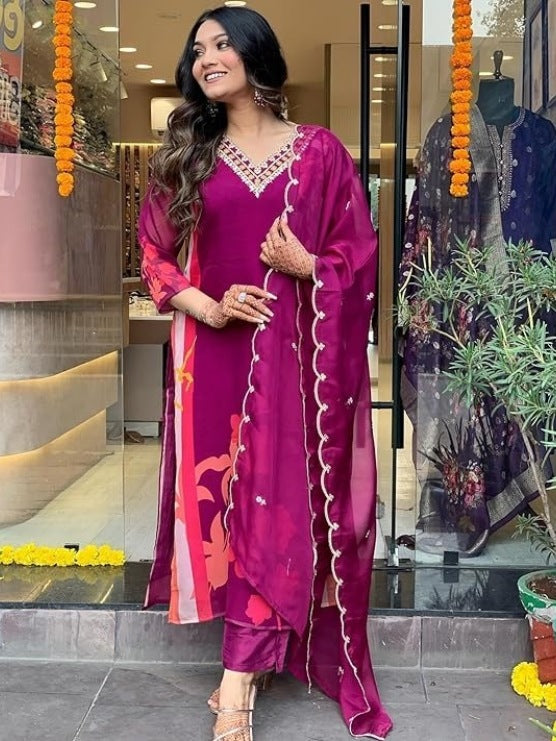 Graceful FlexFeb Begni Kora Muslin 3-Piece Suit Set for Women – Elegant Ethnic Wear with Embroidered Dupatta (Sizes: S to XXL)
