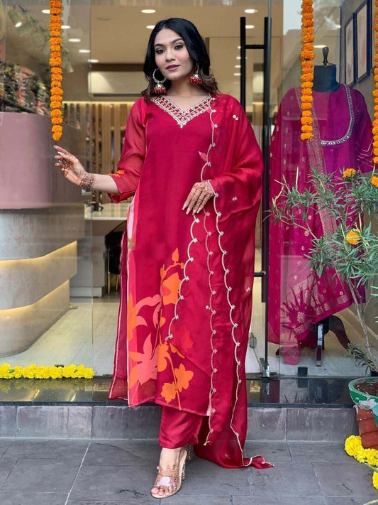 Stunning FlexFeb Red Kora Muslin 3-Piece Suit Set for Women – Elegant Ethnic Wear with Embroidered Dupatta in Red-Pink Tones (Sizes: S to XXL)