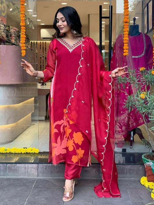 Stunning FlexFeb Red Kora Muslin 3-Piece Suit Set for Women – Elegant Ethnic Wear with Embroidered Dupatta in Red-Pink Tones (Sizes: S to XXL)