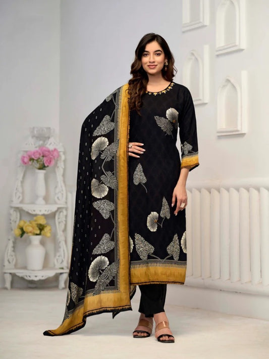 Elegant FlexFeb Chinon Black 3-Piece Suit Set for Women – Designer Ethnic Wear with Printed Dupatta & Golden Accents (Sizes: S to XXL)