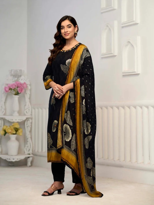 Elegant FlexFeb Chinon Black 3-Piece Suit Set for Women – Designer Ethnic Wear with Printed Dupatta & Golden Accents (Sizes: S to XXL)