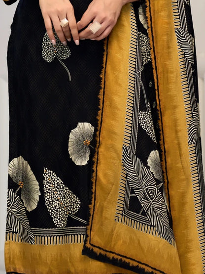 Elegant FlexFeb Chinon Black 3-Piece Suit Set for Women – Designer Ethnic Wear with Printed Dupatta & Golden Accents (Sizes: S to XXL)