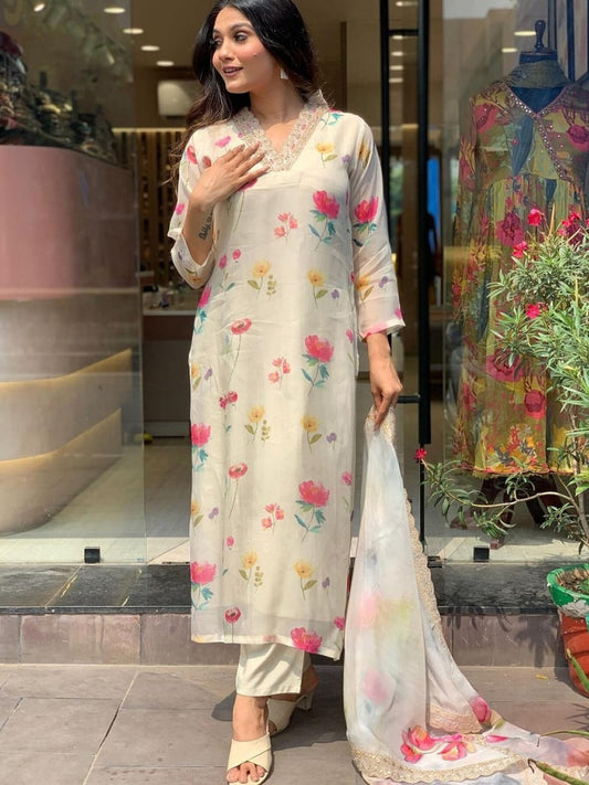 Elegant FlexFeb Teby Silk Cream & Pink Floral 3-Piece Suit Set – Lightweight Designer Ethnic Wear for Women (Sizes S to XXL)