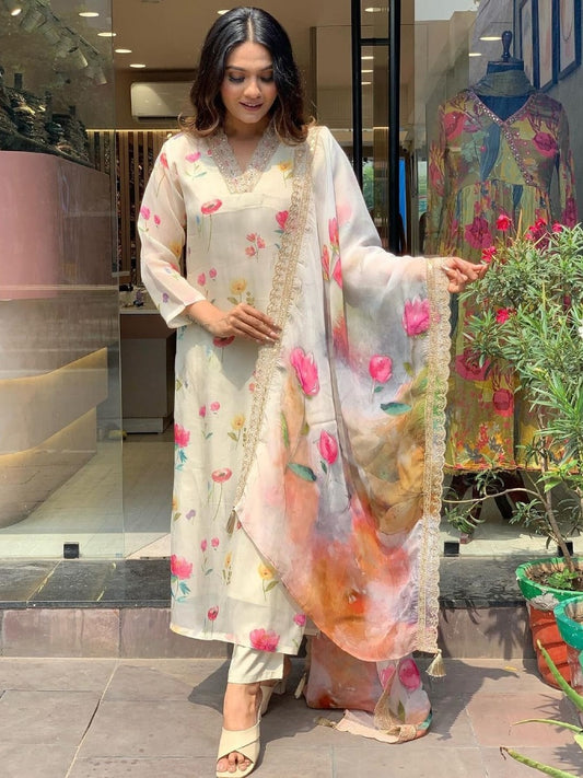 Elegant FlexFeb Teby Silk Cream & Pink Floral 3-Piece Suit Set – Lightweight Designer Ethnic Wear for Women (Sizes S to XXL)