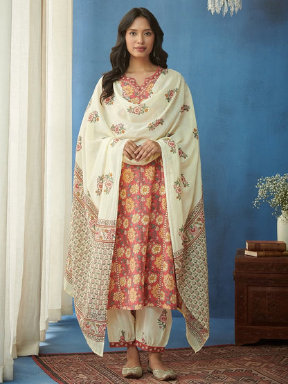 Elegant FlexFeb Cotton Light Coffee Brown Floral Printed 3-Piece Suit Set with Dupatta – Ethnic Wear for Women (Sizes S to XXL)