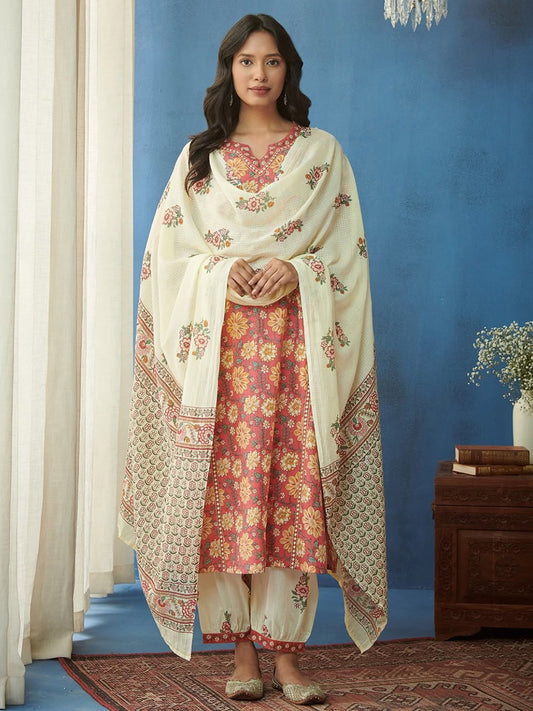 Elegant FlexFeb Cotton Light Coffee Brown Floral Printed 3-Piece Suit Set with Dupatta – Ethnic Wear for Women (Sizes S to XXL)