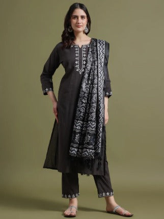 Elegant FlexFeb Vertigan Black Suit Set with White Embroidered Lines – Premium 3-Piece Ethnic Ensemble for Women (S to XXL)